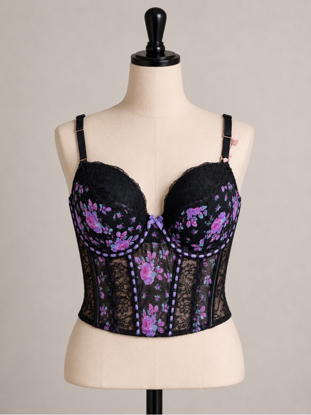 Victoria's Secret Dream Angels Floral Lace Bustier Corset‎ Top Black Purple M